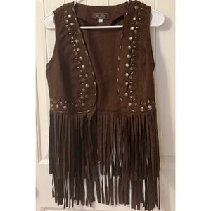 Fringe Faux Suede Embellished Beaded Vest Small
